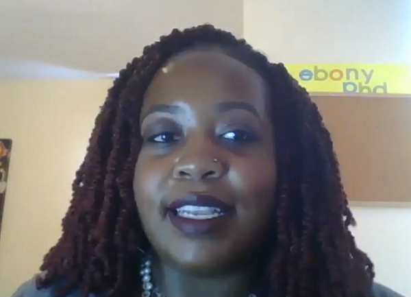 Screen shot of Ebony White, PhD, during a Zoom event for students